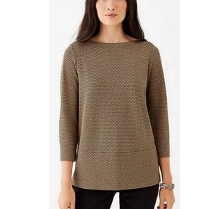 J Jill Size M Ponte Knit Jacquard Top Tunic Boatneck 3/4 Sleeve Brown Pockets